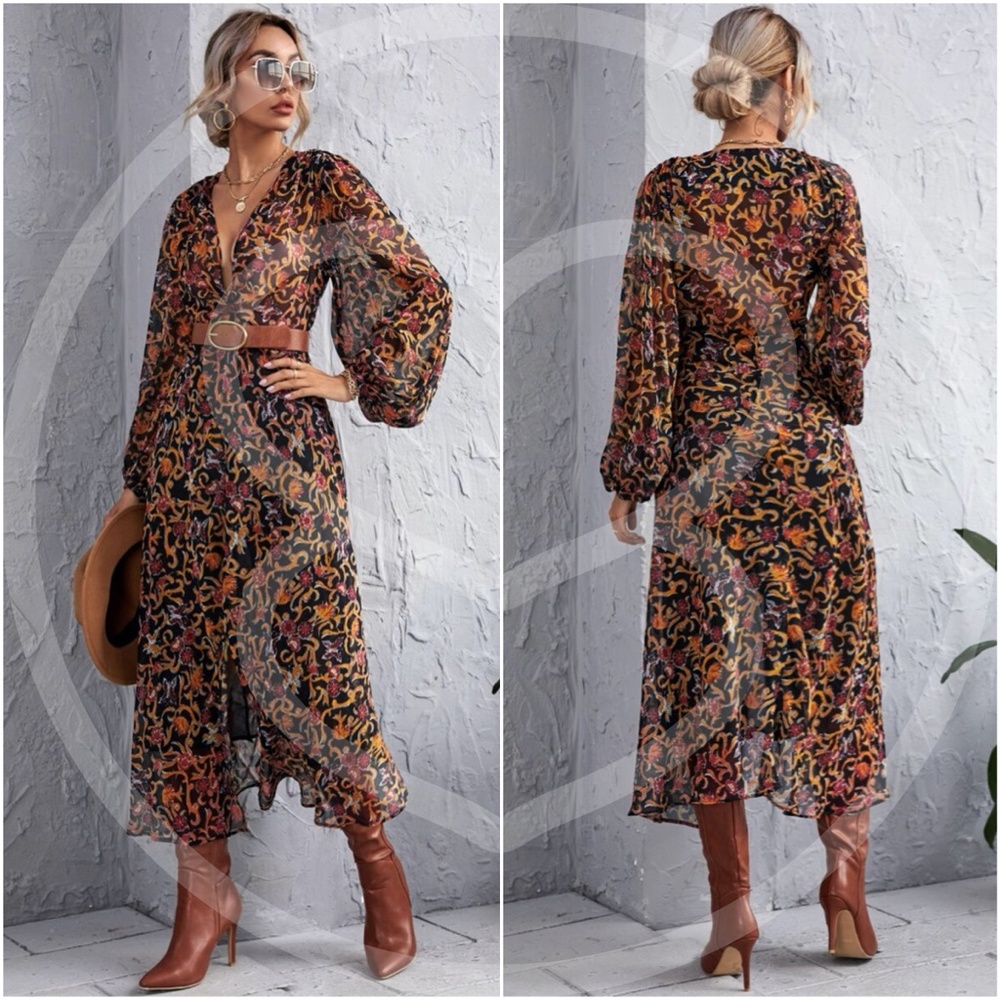 boho floral print long sleeve v neck maxi dress - Picture 3 of 4